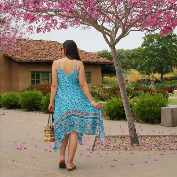 Chigant Sundress Midi Vacation Dress Floral Print Blue Color Size M Brand New - Picture 8 of 10